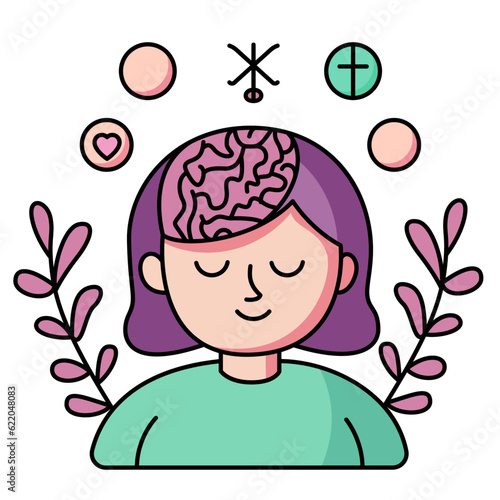Mental health concept artwork vector illustration , brain and spiritual symbols , lady with closed eyes , branches , spiritual well being vector image