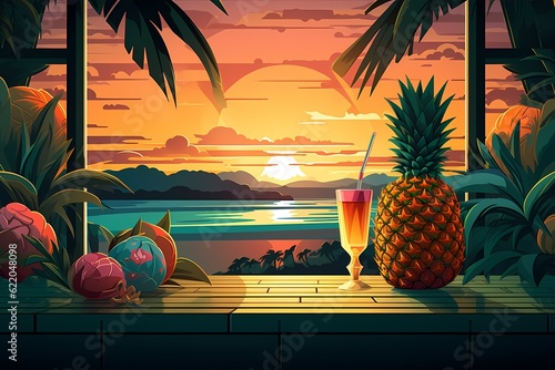 Orange coctaile in glass on the table with pineapple on the sea background with sunset, perfect for a summer holiday concept photo