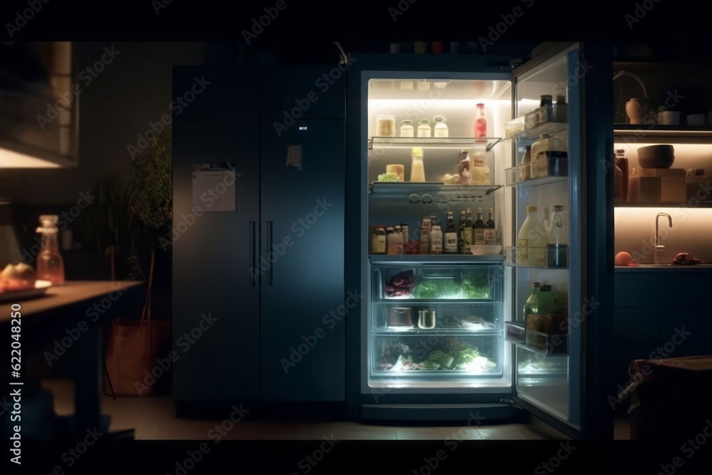 CGI Image of a Modern Illuminated Closed Refrigerator with a Glass Door, Full of Fresh Groceries, in a Modern Kitchen, Evoking Clean Comfort and Nutritious Vegetables