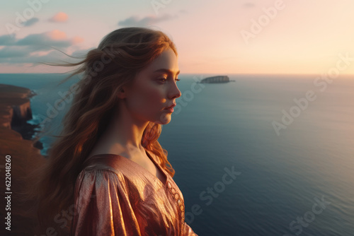  illustration of a woman/book character in formal clothes overlooking the coastline looking lost/sad/thoughtful reminding of Scottish landscapes