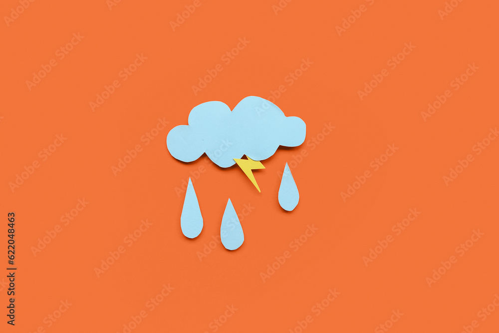 Paper cloud with rain drops and lightning on red background. Weather forecast concept Paper cloud with rain drops and lightning on red background. Weather forecast concept