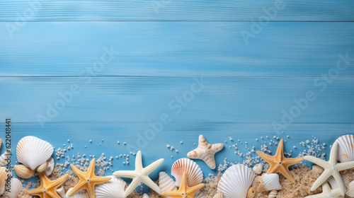 travel, beach, summer, sea, background, ocean, blue, vacation, holiday, wooden, tropical, design, marine, frame, shell, decoration, space, texture, nature, natural, board, star, starfish, copy, concep