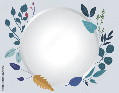 white ring background with vector leaves around, colorful leaves pattern