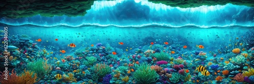 Underwater scene. Coral reef  colorful fish groups and sunny sky shining through clean ocean water. Banner. Generative AI