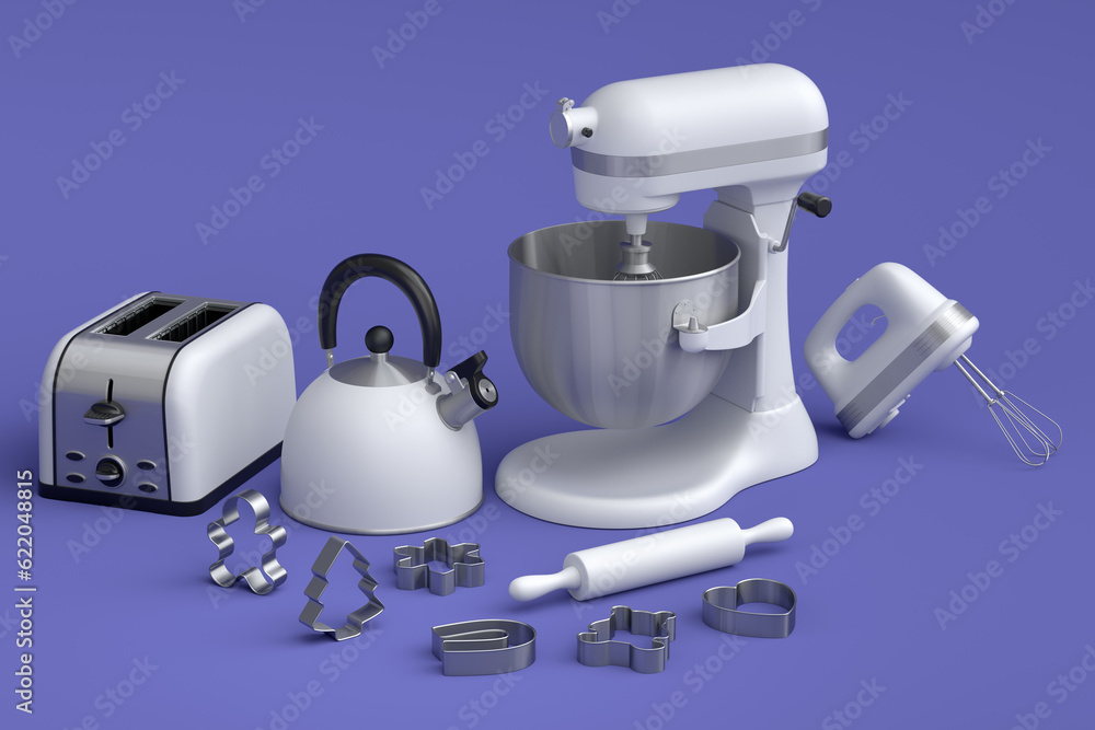 Mixer and bowl with kitchen utensil for preparation of dough on violet Mixer and bowl with kitchen utensil for preparation of dough on violet