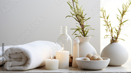 Wellness and Spa  spa accessories  candles  essential oils  and bath salts in a peaceful setting Generative AI