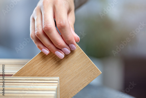 Wood samples. A box with samples of wood of different species and shades, high quality photo with space for text. Furniture production concept