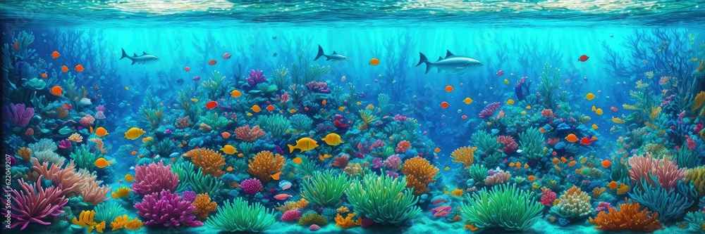 Fototapeta premium Underwater Scene - Tropical Seabed With Reef And Sunshine. Banner. Generative AI