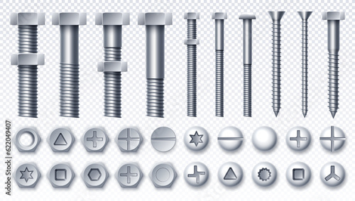 Set of metal bolt and screws