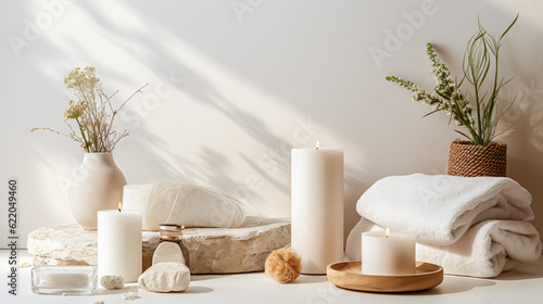 Wellness and Spa: spa accessories, candles, essential oils, and bath salts in a peaceful setting Generative AI