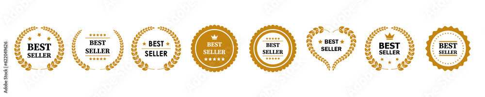 Best Seller labels with laurel wreaths. Vector stickers for product package.