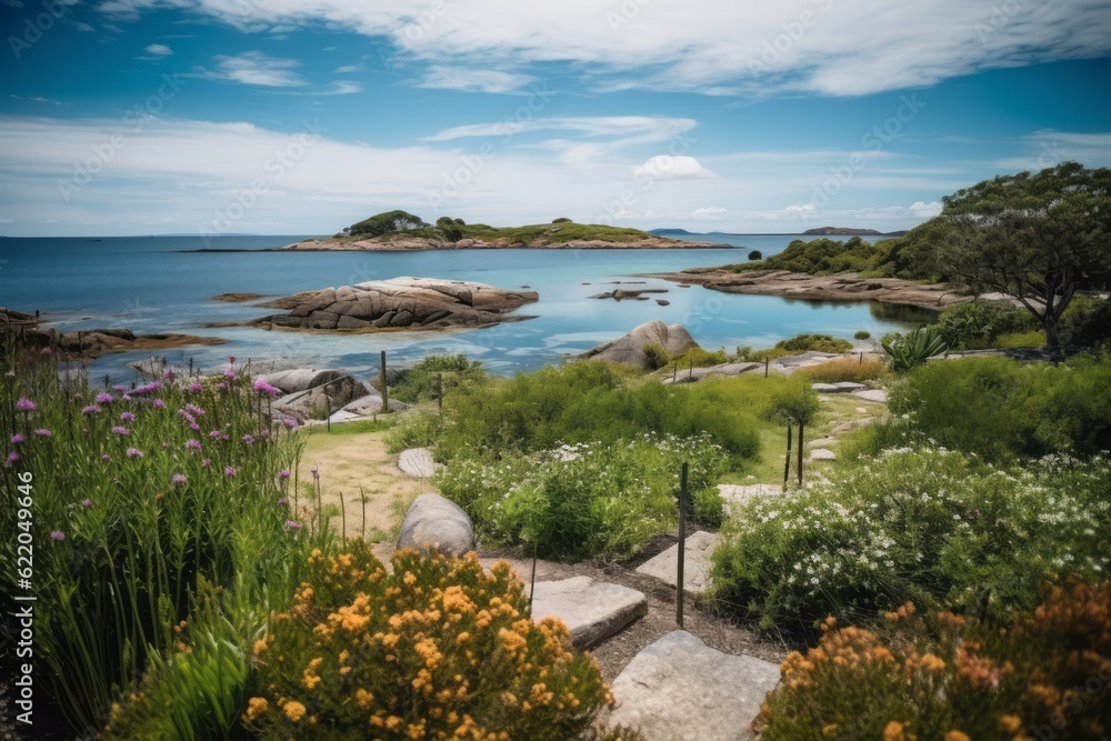 archipelago garden, green coast, Coastal Paradise: Photographic Capture of an Archipelago Garden with a Blue Ocean and a Gentle Shore, Offering a Breathtaking Bird's-Eye View