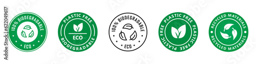 Biodegradable, plastic free, recycled - eco friendly package badges. Vector collection. photo
