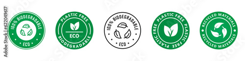 Biodegradable, plastic free, recycled - eco friendly package badges. Vector collection.