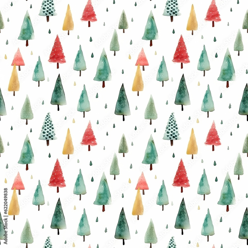 Seamless pattern with Christmas tree and and snowflakes. Retro white wallpaper background. Watercolor winter theme. Design of cards, covers, flyers Seamless pattern with Christmas tree and and snowflakes. Retro white wallpaper background. Watercolor winter theme. Design of cards, covers, flyers