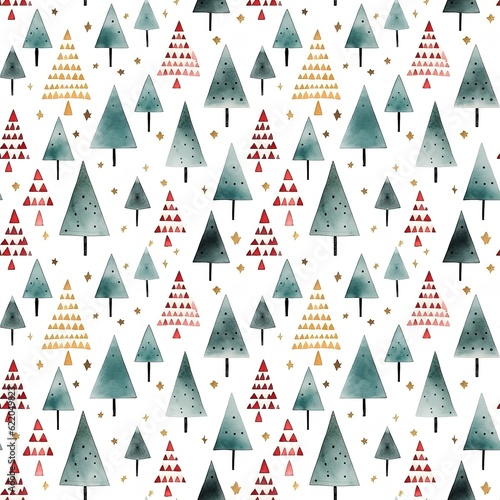 Seamless pattern with Christmas tree and and snowflakes. Retro white wallpaper background. Watercolor winter theme. Design of cards, covers, flyers