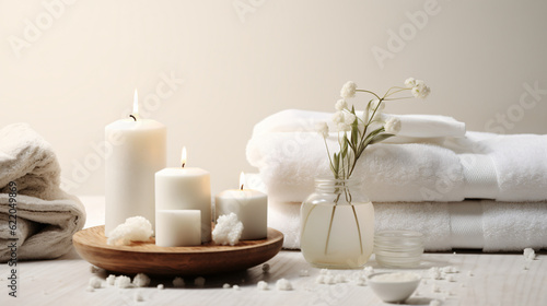 Wellness and Spa: spa accessories, candles, essential oils, and bath salts in a peaceful setting Generative AI