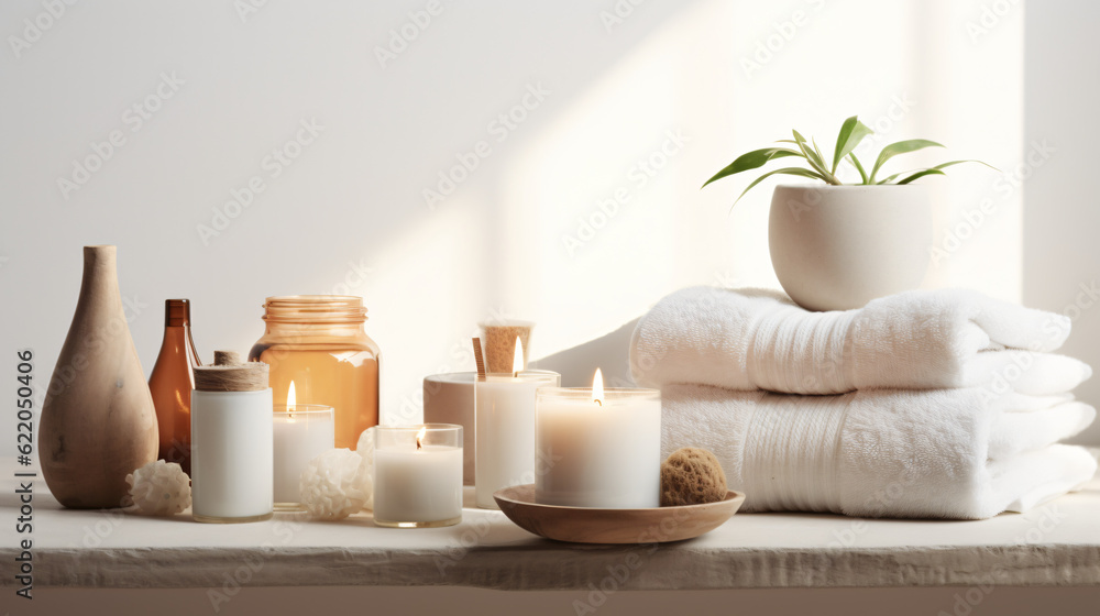 Wellness and Spa: spa accessories, candles, essential oils, and bath salts in a peaceful setting
Generative AI
