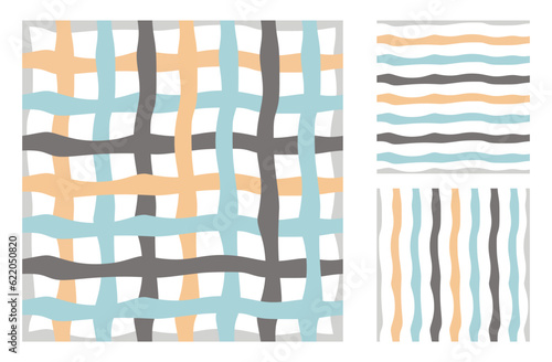Set of doodle seamless pattern. Hand drawing simple irregular geometric endless texture or repeated backgrounds. Uneven and curves stripes in pastel colors on white background. Vector illustration