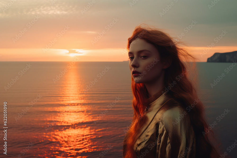illustration of a woman/book character in formal clothes overlooking the coastline during sunset looking lost/sad/thoughtful reminding of Scottish landscapes illustration of a woman/book character in formal clothes overlooking the coastline during sunset looking lost/sad/thoughtful reminding of Scottish landscapes