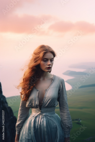  illustration of a woman/book character in formal clothes overlooking the coastline looking lost/sad/thoughtful reminding of Scottish landscapes © MaryAnn