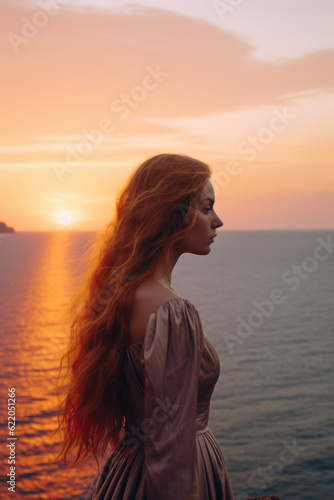  illustration of a woman/book character in formal clothes overlooking the coastline  during sunset looking lost/sad/thoughtful reminding of Scottish landscapes © MaryAnn