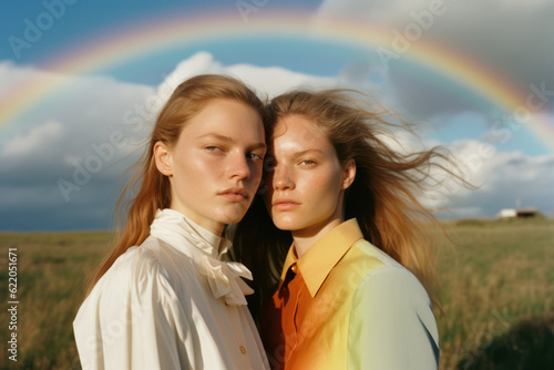 two female friends/models/lgbtq+ couple standing in nature with rainbow with a thoughtful/sad expression in a fashion/beauty editorial magazine style film photography look - generative ai art