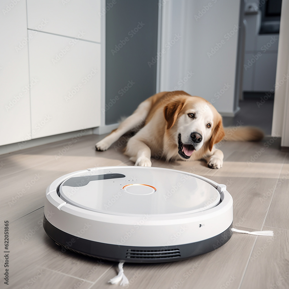 Dog plays with robot vacuum cleaner, dog barks at vacuum cleaner, funny photos with pets, generative ai