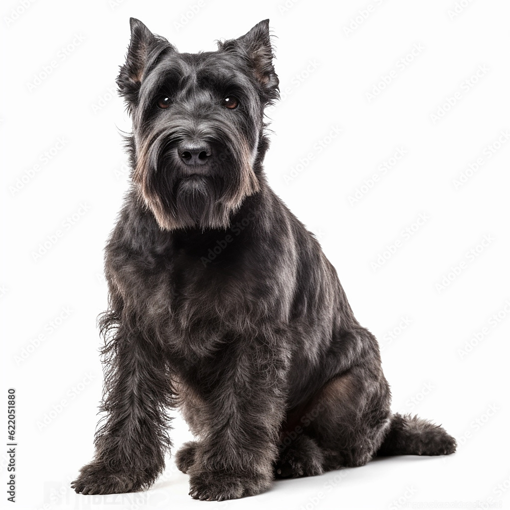 Flanders bouvier dog close up portrait isolated on white background. Brave pet, loyal friend, good companion, generative AI