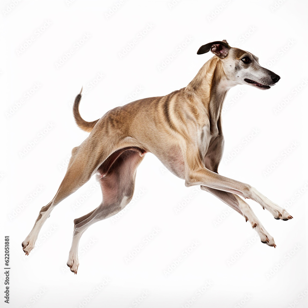 Greyhound in a jump, portrait close-up isolated on white. Brave pet, loyal friend, good companion, hunting breed, generative ai