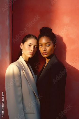 two female friends/models/lgbtq couple in magazine editorial fashion/beauty photo shoot standing in daylight setting style film photography look - generative ai art