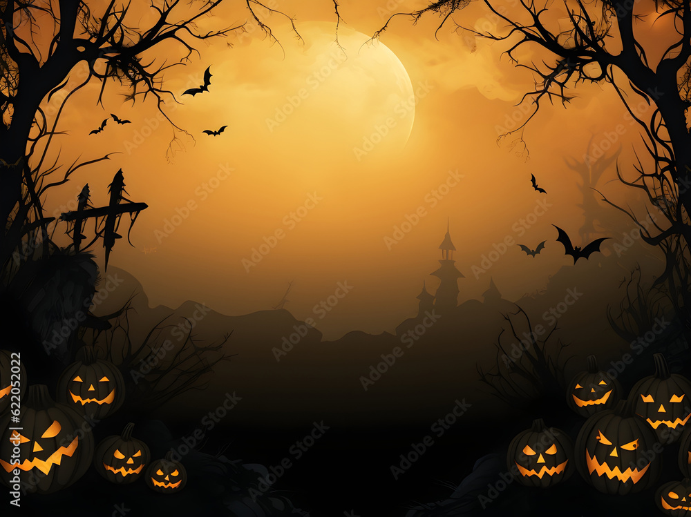 black cat, kitty and jack o lantern pumpkins halloween template dark with smoke fog background,many bats, spiders, cats with witch hat generative ai, orange purple colors