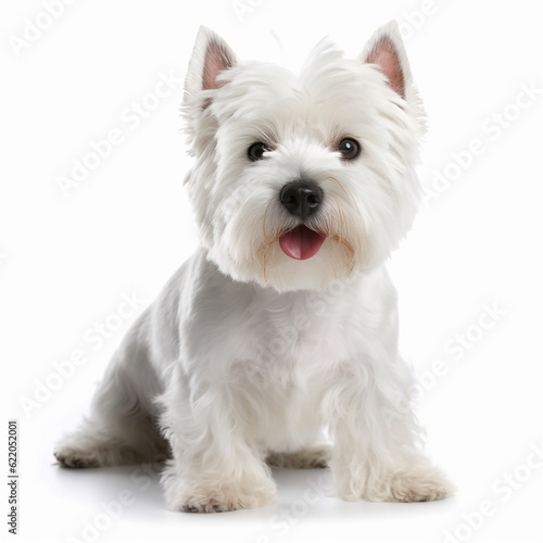 West Highland White Terrier, westie dog close up portrait isolated on white background. Cute pet, loyal friend, good companion, generative AI