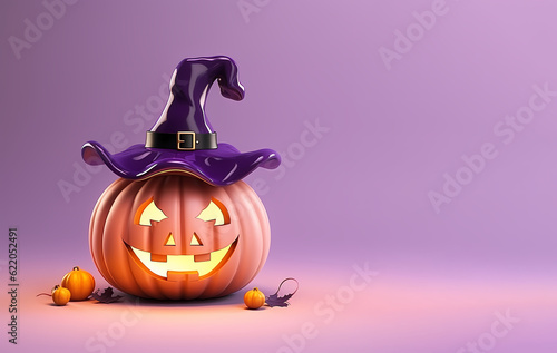 halloween jack o lantern pumpkin hanging mockup free space. template with ghost, cupcake, bats,candies and other elements. scary pumpkin with light inside dark background,autumn leaves generative ai