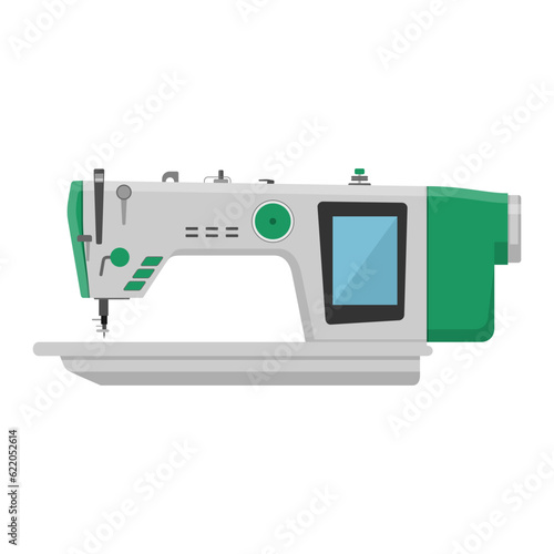 Sewing machine isolated on white background. Modern industrial machine for sewing icon. Mechanical device for stitching fabric and creating garments. Equipment of a dressmaker. Vector illustration