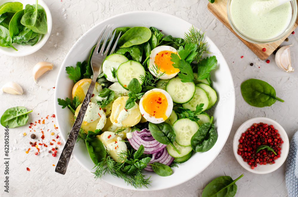 Green Buddha Bowl with Fresh Herbs and Vegetables, Healthy Balanced Meal, Bowl or Salad with Young Potatoes, Cucumber, Lettuce, Egg and Herb Dressing Green Buddha Bowl with Fresh Herbs and Vegetables, Healthy Balanced Meal, Bowl or Salad with Young Potatoes, Cucumber, Lettuce, Egg and Herb Dressing