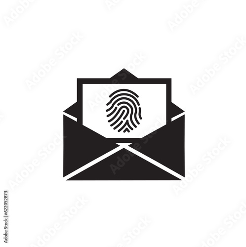 Icono de un sobre negro con una tarjeta con una huella dactilar. Vector