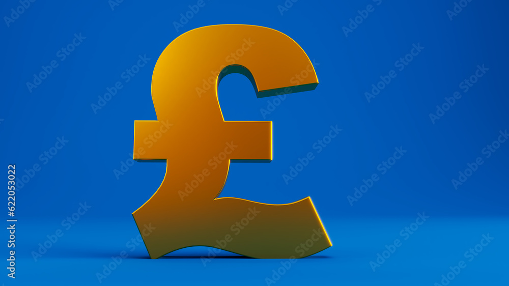 Fototapeta premium 3D render of gold pound sign on colord blue background, gold 1 pound