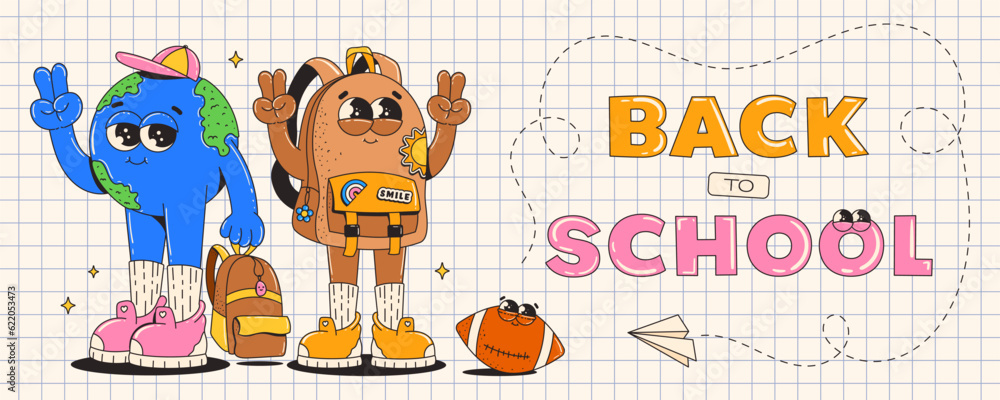 Fototapeta premium Back to school banner. Groovy retro cartoon characters. Cute backpack and earth planet. Contemporary vector illustration.