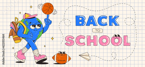 Back to school banner. Groovy retro cartoon character. Cute earth planet with backpack and ball. Contemporary vector illustration.