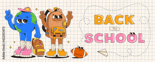 Back to school banner. Groovy retro cartoon characters. Cute backpack and earth planet. Contemporary vector illustration.
