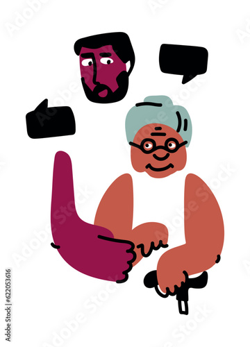 Support and assistance to people with disabilities. An elderly woman leans on a cane. Diseases of the musculoskeletal apparatus. Guardianship of the elderly. Show attention, empathy and tolerance.