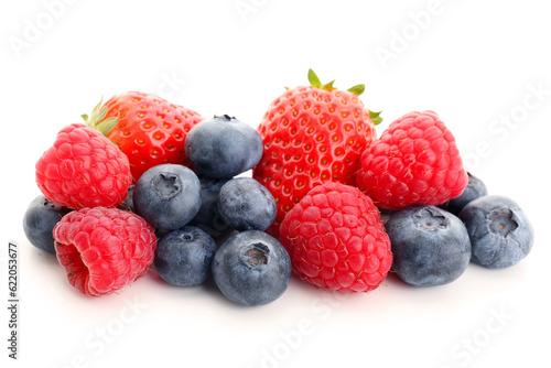 Ripe blueberry, strawberry and raspberry on white background