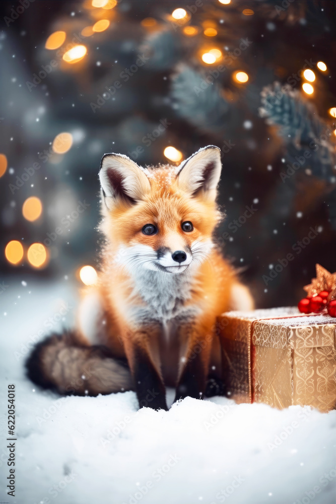 Cute fluffy ginger fox sitting under snowfall with Christmas gift box. Generative AI. Cute fluffy ginger fox sitting under snowfall with Christmas gift box. Generative AI.