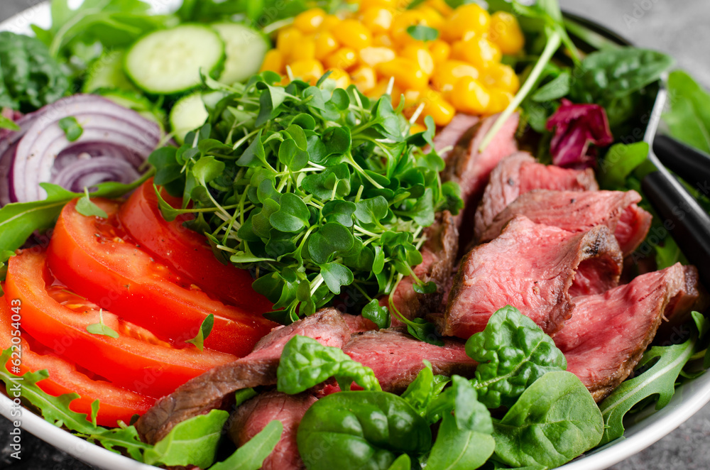 Beef steak and Fresh Vegetables Buddha Bowl, Healthy Balanced Meal on Dark Background