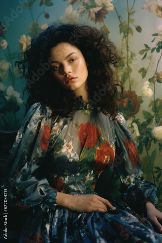  portrait of a woman/model/book character surrounded by flowers in daylight with a thoughtful expression in a fashion/beauty editorial magazine style film photography look - generative ai art