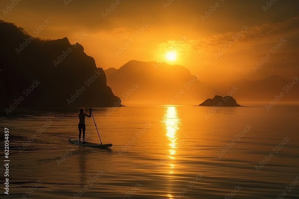 Person male, female stands up paddle SUP board on a flat quiet river during sunrise or sunset. Stand up paddle boarding - active recreation in nature, relaxing on the ocean. Generative AI Technology