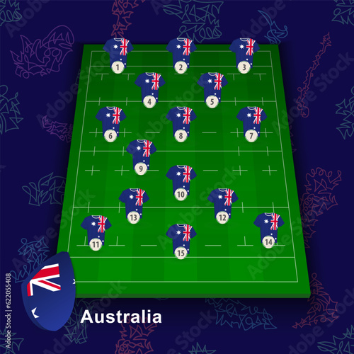 Australia national rugby team on the rugby field. Illustration of players position on field.