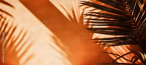 Tropical background for a product placement, palm tree leaves and sunlight shadows on the wall, minimalistic botanical backdrop, palms on a hot sunny day, generative ai