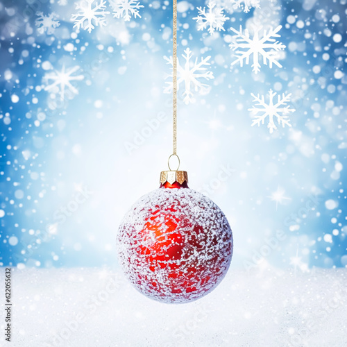 Christmas bauble on a snowy winter background  Merry Christmas and Happy Holidays wishes  generative ai